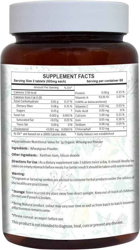 Wheatgrass Tablets Herbal Supplements 120 Count 500 mg