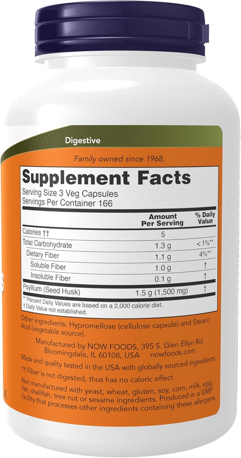 NOW Supplements, Psyllium Husk Caps 500 mg, Non-GMO Project Verified, Natural Soluble Fiber, Intestinal Health*, 500 Veg Capsules