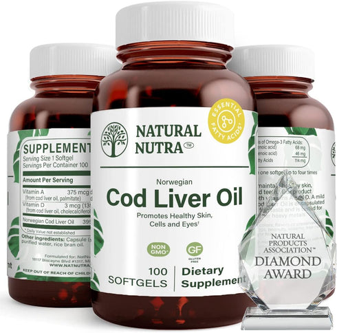 Natural Nutra Norwegian Cod Liver Oil Supplement, 100 Softgels, Supports Skin, Body Density, Eye Health &
