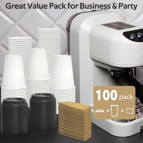100 Pack 12 oz Disposable Coffee Cups with Lids and Sleeves, Sturdy Thick Paper, Leak-free Insulated for Hot & Cold