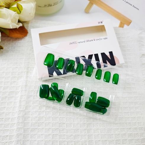St. Patrick’s Day Green Press on Nails, Shiny Cat Eye Short Square False Nails with Glitter Designs