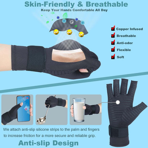 Copper Arthritis Gloves - Fingerless Compression Gloves with Adjustable Wrist Strap for Pain Relief (Large/X-Large)