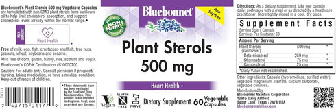 Bluebonnet Nutrition Plant Sterols 500mg Heart Health Supplement - Non-GMO, Vegan, Gluten-Free, 60 Capsules
