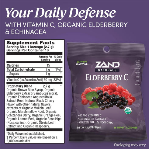 Zand Immunity Elderberry Vitamin C Lozenges - Immune Support Throat Drops, 12 Bags, 18 Lozenges