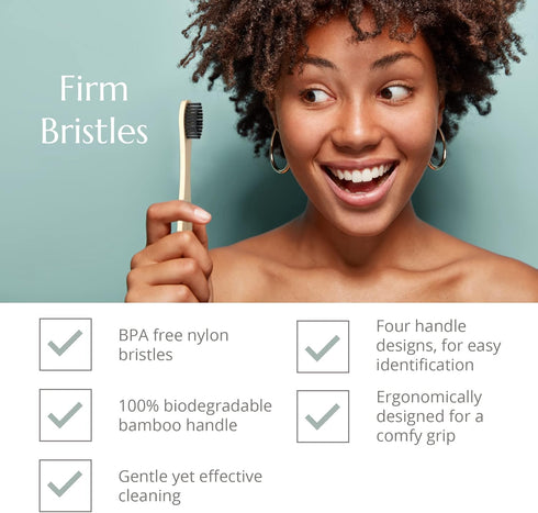 Wild & Stone 100% | Firm Bristle Organic Bamboo Toothbrush | Four Handle Patterns | Firm Fibre Bristles | Biodegradable
