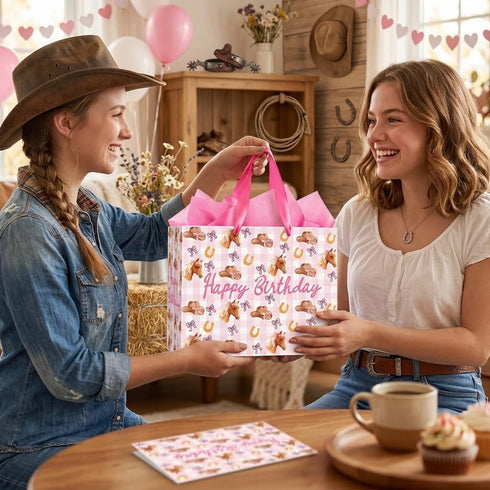 Nefrayd Cowgirl Gift Bag, Pink Western Gift Bag with Card and Tissue Paper, Western Theme Birthday Party Decorations