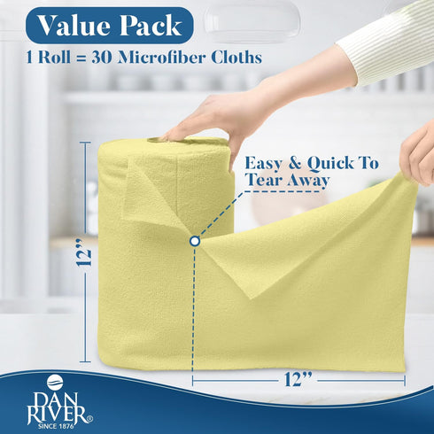 Dan River Tear Away Microfiber Cleaning Towel Roll - 30 Pack, 12x12 Inch Reusable Cloths for Scratch-Free Cleaning