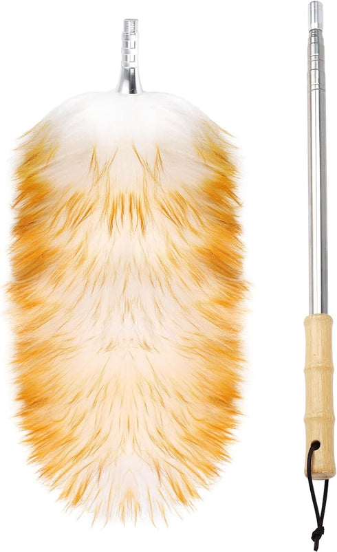 Natural Feathers Duster, Lambswool Duster with Solid Wooden Long Handle, Stainless Steel Extension Pole for Cleaning