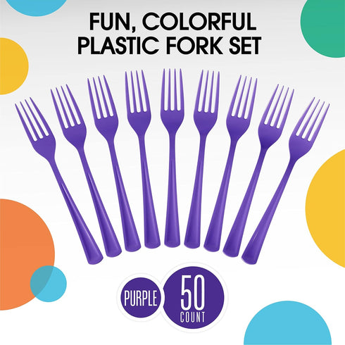 Disposable Purple Plastic Forks, 50 Pcs - Heavy Duty Purple Plastic Cutlery