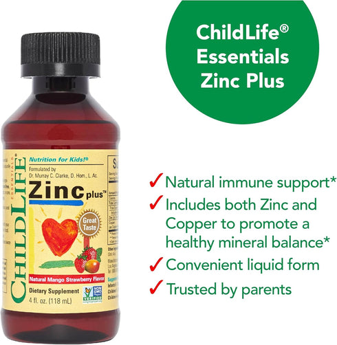 CHILDLIFE ESSENTIALS Liquid Zinc Plus for Kids - Immune Support Supplement Drops, Mango Strawberry, 4 Fl Oz