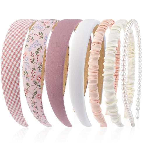 VELSCRUN 7 Pcs Headbands for Women, Fashion Pink Solid Non-Slip Hair Bands, Pearl Headband