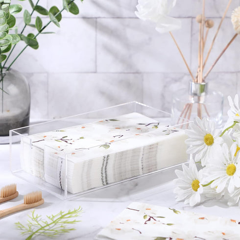 Outus 100 2 4.3 7.8 Inches Pcs Floral White Magnolia Paper Guest Towels Ply with Acrylic Napkin Holder, Disposable