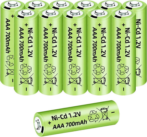 12PCS 1.2V 700mAh Ni Cd AAA Battery for Wireless Microphones, Electric Toys, Household Appliances, Solar Lamp