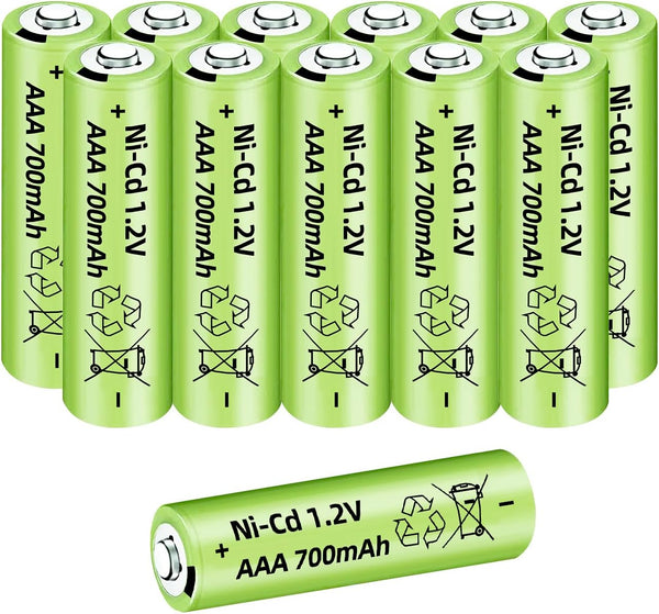 12PCS 1.2V 700mAh Ni Cd AAA Battery for Wireless Microphones, Electric Toys, Household Appliances, Solar Lamp