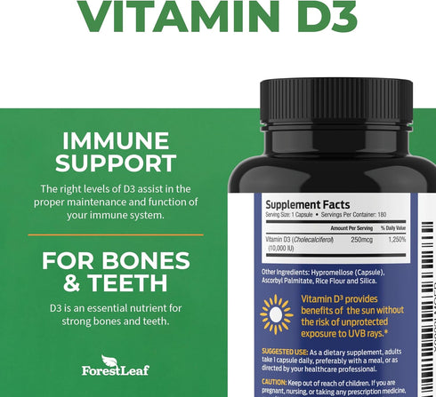 ForestLeaf Vitamin D3 10000IU - 180 Count - Bone Health and Immune Support - Easy to Swallow Capsules
