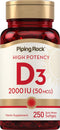 Piping Rock Vitamin D3 2000 IU | 250 Softgels | High Potency Cholecalciferol Supplement, Non-GMO & Gluten Free