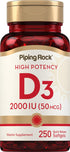 Piping Rock Vitamin D3 2000 IU | 250 Softgels | High Potency Cholecalciferol Supplement, Non-GMO & Gluten Free