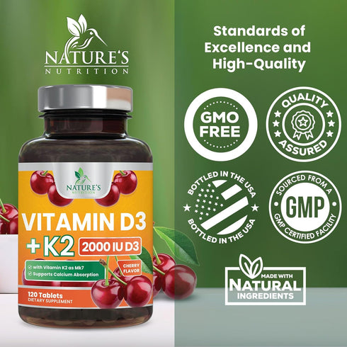 Vitamin D3 K2 as MK-7 - 2000iu of D3 & 75mcg K2, Bone Strength Supplements Support Calcium Absorption for Teeth & Bone