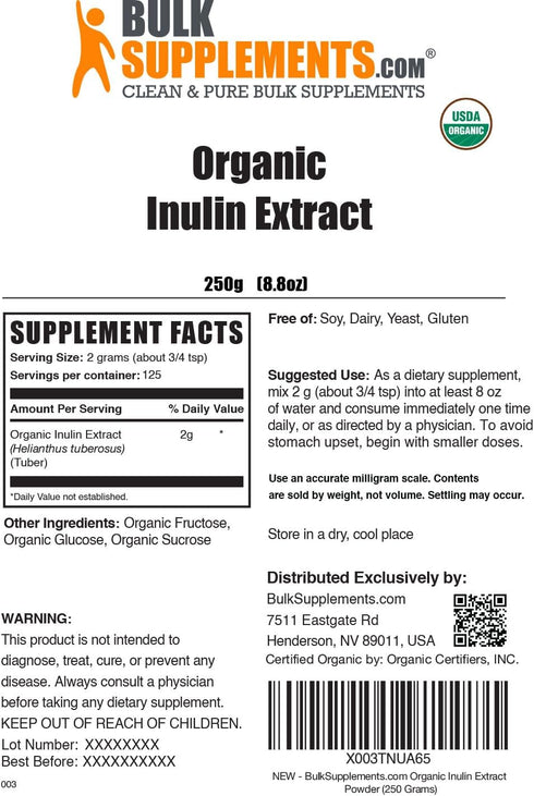 BulkSupplements.com Organic Inulin Extract Powder - 250g - Gluten Free Fiber Supplement