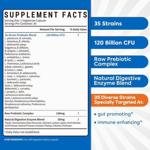 Probiotics 120 Billion CFU - Digestive Support for Men & Women, Prebiotics + Digestive Enzymes, 30 Caps