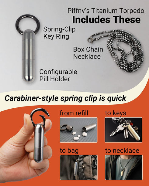 Titanium Torpedo Waterproof Keychain Pill Holder, Adjustable-Length Medicine Fob for Travel - Gunmetal - 1 Pack
