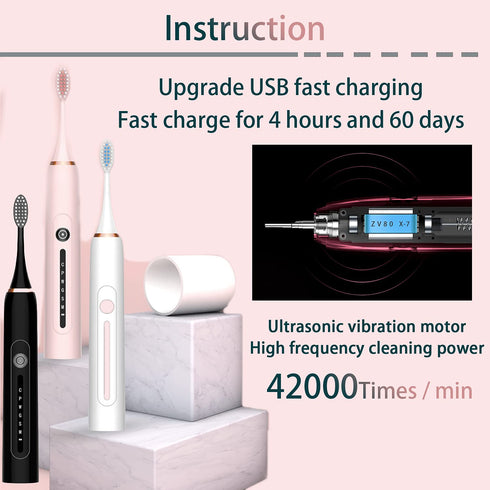 Sonic Electric Toothbrush for Adults and Kids, Low Noise with 6 Modes and 4 Replacement Brush Heads