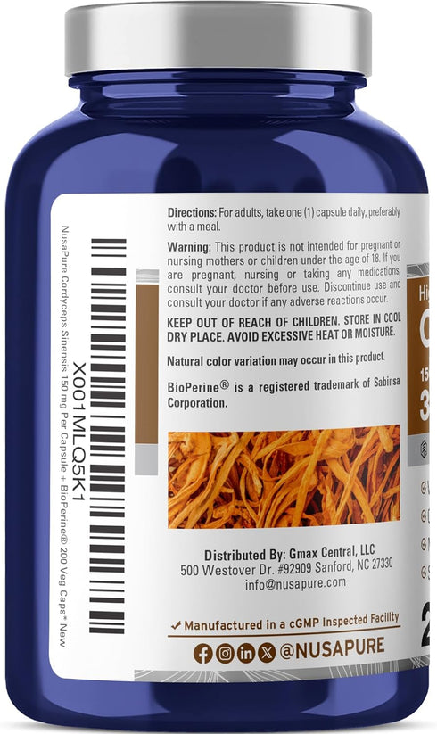 NusaPure Cordyceps 20:1 Extract, 150 mg Equivalent to 3,000mg, 200 Veggie Capsules, Non-GMO, Vegan