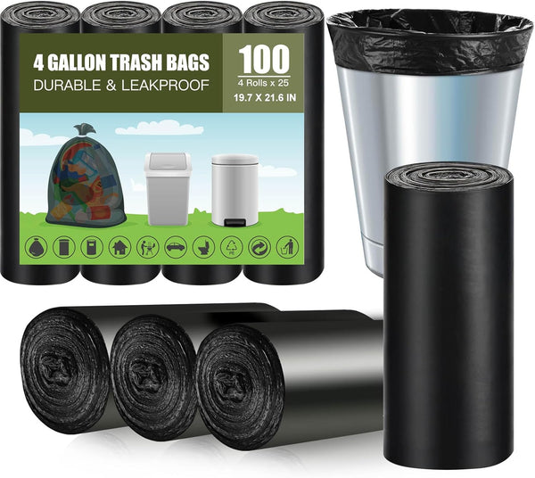 Small Trash Bags, 4 Gallon, 100 Count, Bathroom Garbage Bags, Extra Strong, Leakproof for Kitchen