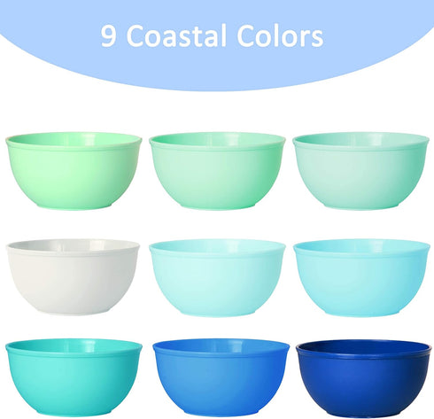 Youngever 9 Pack 10 Ounce Plastic Bowls - Kids Plastic Bowls Set of 9 in Coastal Colors