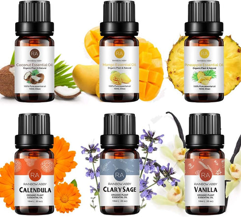RAINBOW ABBY 6-Pack Organic 100% Pure Essential Oil Set (Calendula, Clary Sage, Coconut, Mango, Pineapple, Vanilla)