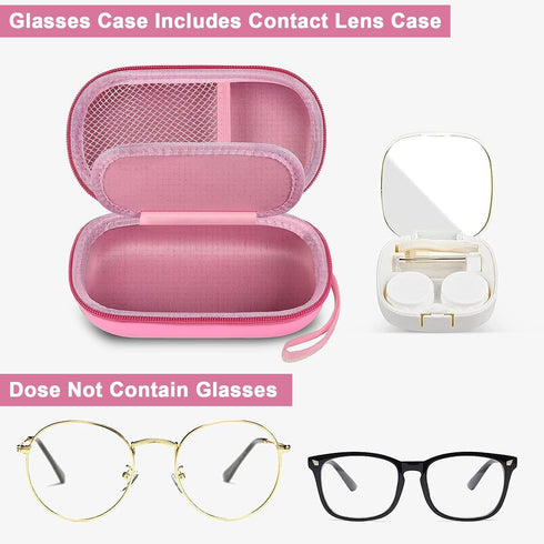 Portable 2 in 1 Contact Lens Case and Glasses Case, Traveling Contact Cases Bag Box Holder with Soak Storage Kit Included Built-in Mirror, Tweezer, Contact Lens Solution Bottle and Hand Strap-Pink
