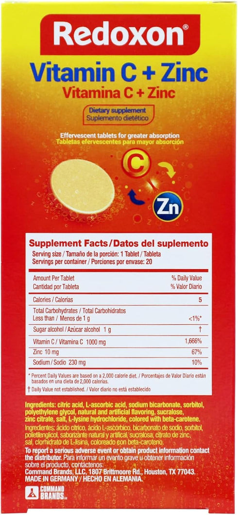 Redoxon Vitamin C + Zinc, Effervescent Tablets, Immune Support, Orange Flavor, 20 Tablets