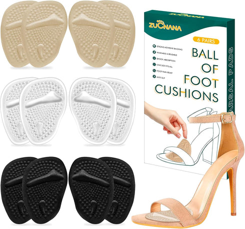 Metatarsal Pads Ball of Foot Cushions (6 Pairs), Non Slip High Heel Inserts for Women and Men, Reusable Foot Pads