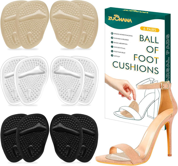 Metatarsal Pads Ball of Foot Cushions (6 Pairs), Non Slip High Heel Inserts for Women and Men, Reusable Foot Pads