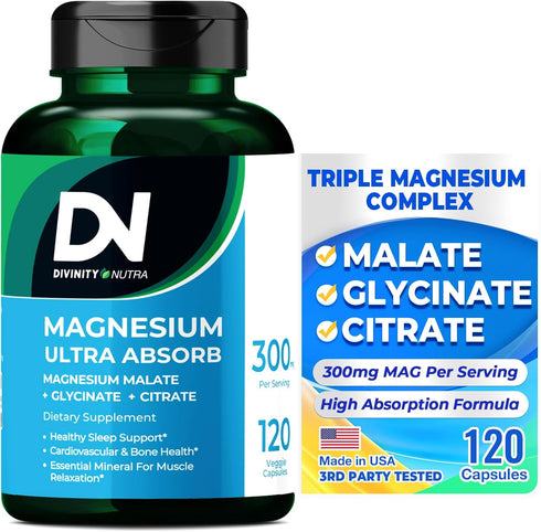 Triple Magnesium Complex Supplement, 300mg Magnesium Glycinate, Malate & Citrate for Muscles, Nerves, Energy