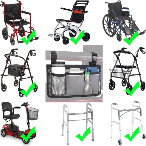Wheelchair Side Bag with Cup Holder, Waterproof Armrest Storage Pouch for Most Wheelchairs, Walkers, Rollators (Gray)