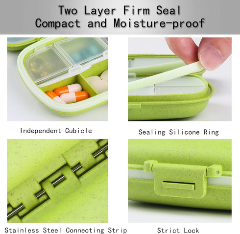 4 Pack Pill Organizer, Daily Pill Case with Label, 8 Compartment Travel Pill Box, Waterproof Portable Container