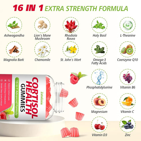 Zetelixia Gummies 16-in-1 60Ct Cortisol for Women, Sugar Free Cortisol Supplements for Women with Ashwagandha, Rhodiola