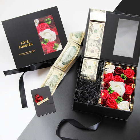 SDALU Money Pull Box for Cash Gift - Luxury Money Pull Out Flower Gift Box with Lid Flower and Ribbon, Unique Birthday