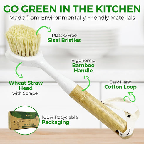 Set 2 AIRNEX Bamboo Dish Brush of - Dishwasher Brush w/Handle Made of Wheat Straw & Sisal Bristles - Non Scratch