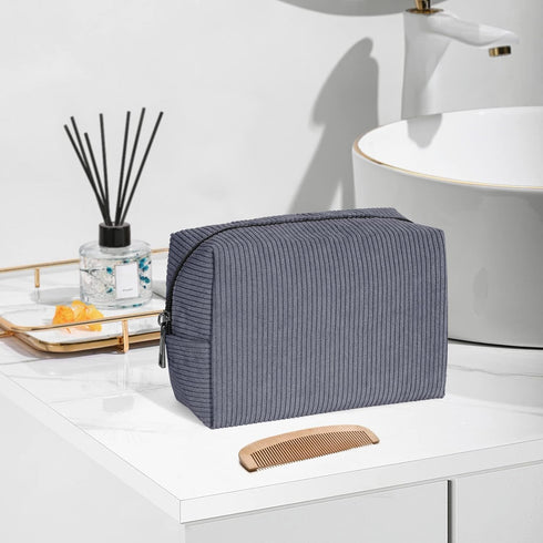 MAANGE Small Makeup Bag - Travel Cosmetic Pouch for Women, Corduroy Portable Zipper Pouch (Gray)