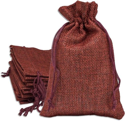 12-Pack Natural Burlap Gift Bags w. Drawstring (Maroon Red, Medium) for Party Favors, Presents or DIY Craft
