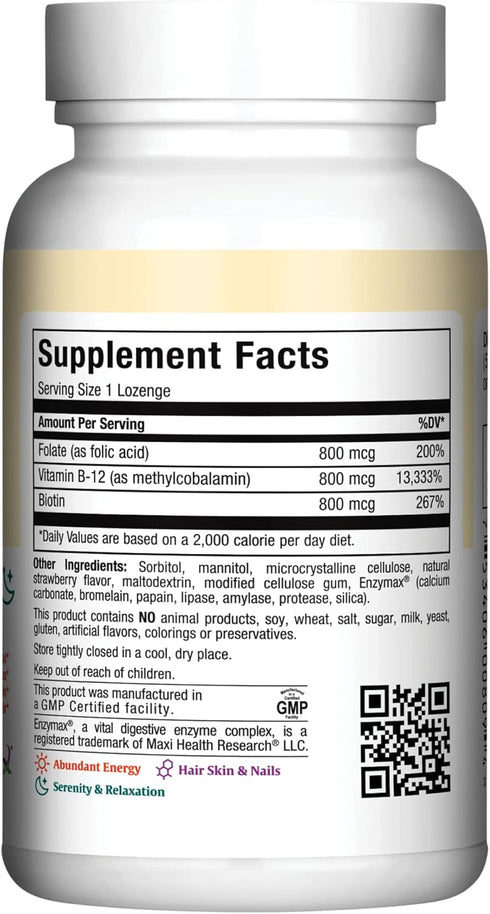 Vitamin B12 Lozenges with Folic Acid and Biotin, Strawberry Flavor, 90 Count