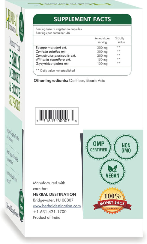 Herbal Destination 60 Memory Hrx - Brain Supplement Support Cognitive Function Improves Memory and Focus, Brain