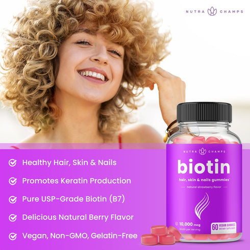 NutraChamps Biotin Gummies 10000mcg for Healthy Hair, Skin & Nails Vitamins, Vegan, Non-GMO, 5000mcg Each