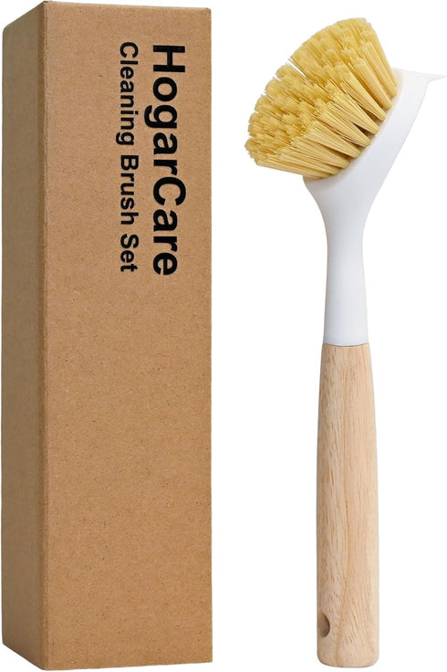 HogarCare Dish Brush with Handle Wood Built-in Scraper, Scrub Brush for Pans, Pots,
