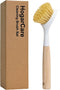 HogarCare Dish Brush with Handle Wood Built-in Scraper, Scrub Brush for Pans, Pots,