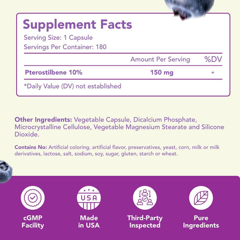 150mg Pterostilbene Supplement - Once Daily Antioxidant for Healthy Aging, Immune, Heart, Skin & Brain Support -