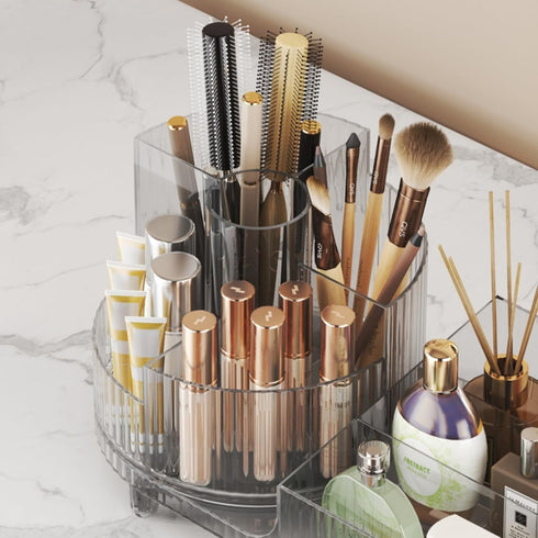 Large Capacity Rotating Makeup Organizer, Easy to Hold 20 Makeup Brushes, 10 Lipsticks, 8 Skincare Products (Crystal