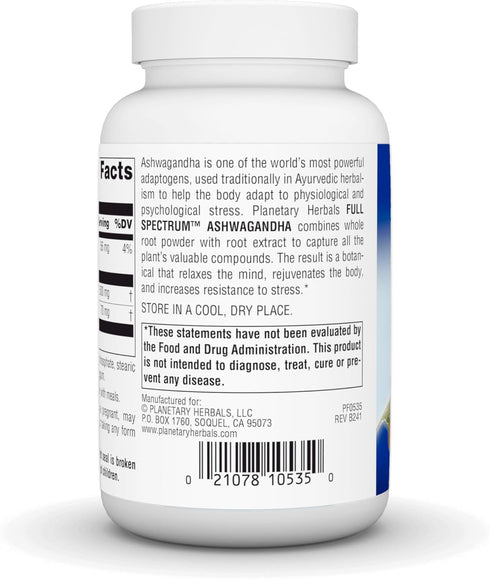 Planetary Herbals Ashwagandha Full Spectrum, 570 mg, Rejuvenating Tonifier, 120 Tablets